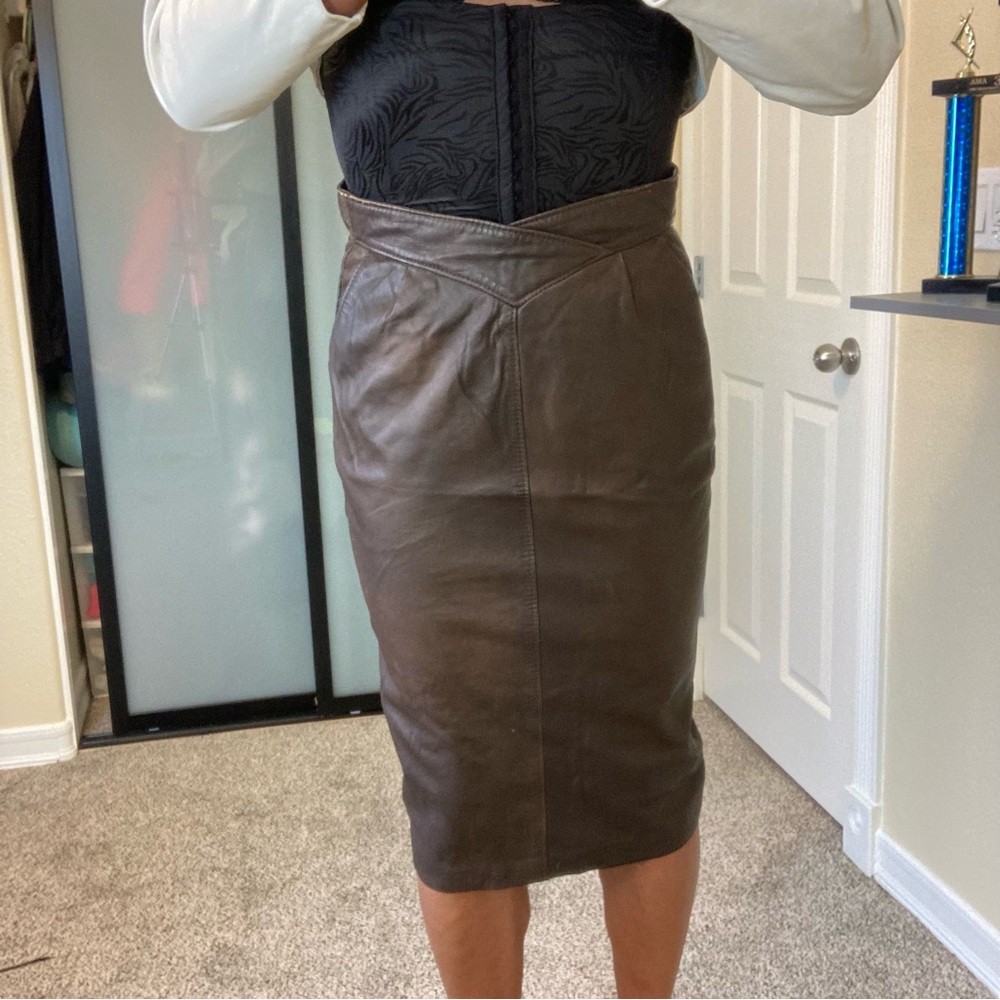 Genuine, vintage 80s super soft leather brown, long skirt, V  waist well worn
